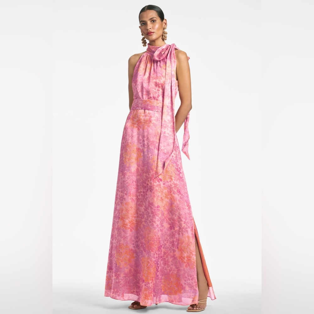 Sachin & Babi Kayla Gown Tie Neck Maxi Crinkle Sunset Hydrangea Dress | Size: 6